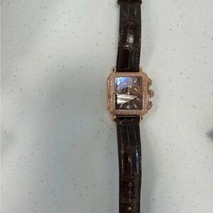 Michele Women's Watch 18K Rose Gold with Diamond Bezel, Brown Alligator Strap